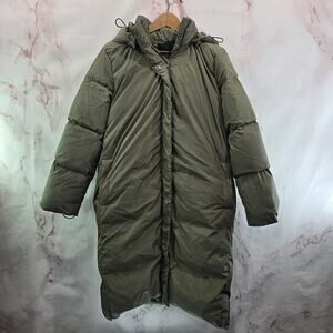 Jenni Kayne Down Coat Womens Medium Green Puffer Parka Hooded Long Midi